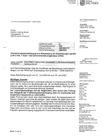 Freistellungs­bescheinigung bei Elektro-Viehrig GmbH in Brand-Erbisdorf